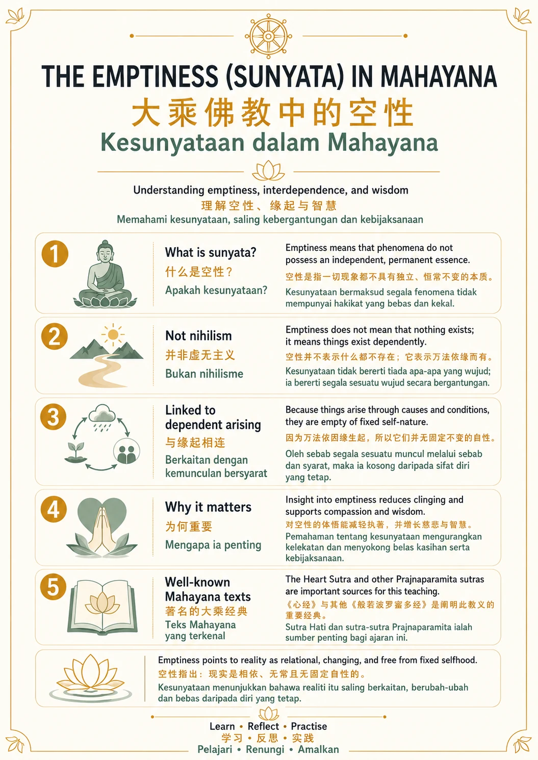 Emptiness (Śūnyatā) in Mahāyāna — trilingual lesson poster